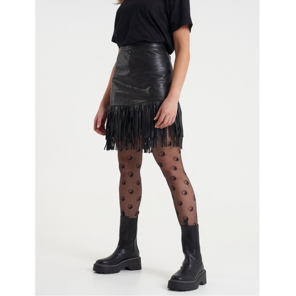 BOSTON PROPER Black Leather Fringe Skirt size 6
